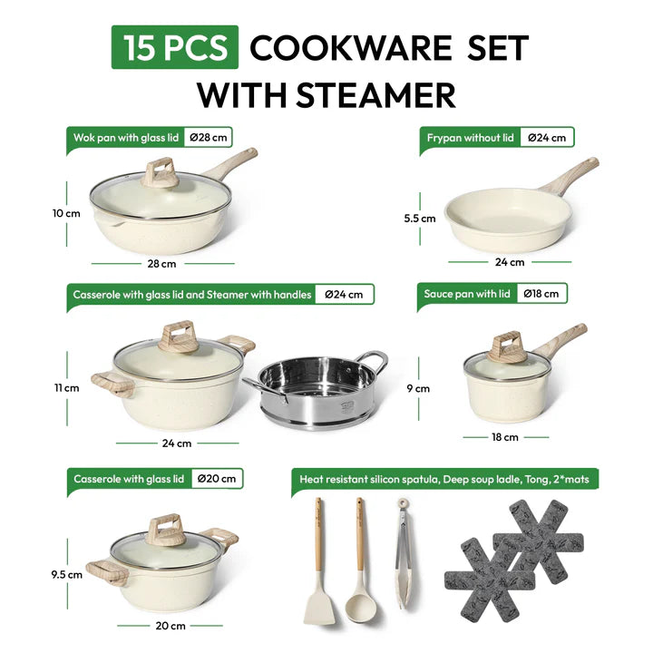 Batterie de Cuisine 15 pièces avec cuisseur à vapeur Antiadhésives en Granit beige - Tous feux dont induction