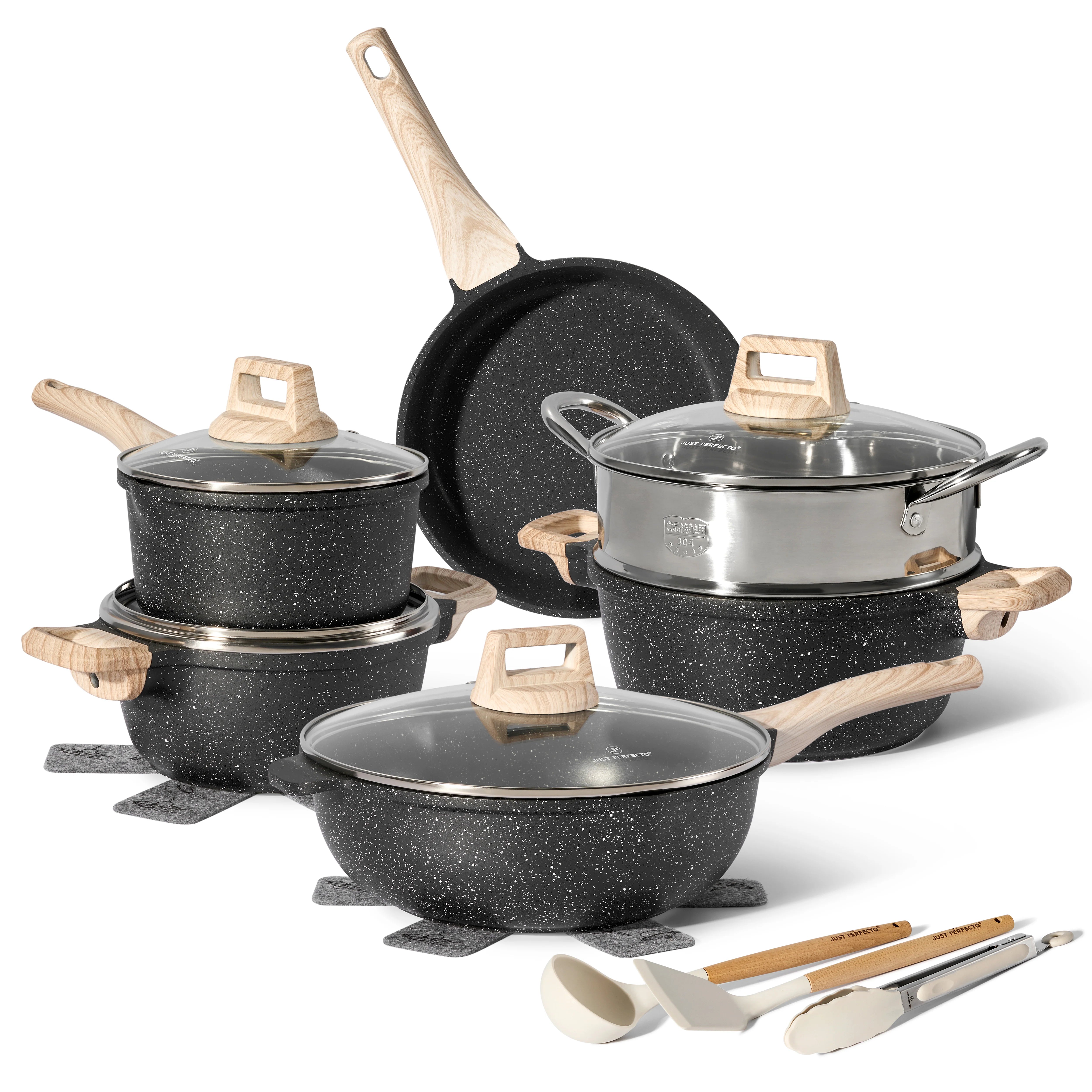 Batterie de Cuisine 15 pièces avec cuisseur à vapeur Antiadhésives en Granit noir - Tous feux dont induction