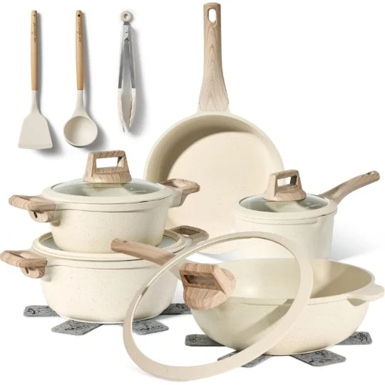Batterie de Cuisine 14 pièces Antiadhésives en Granit beige - Tous feux dont induction