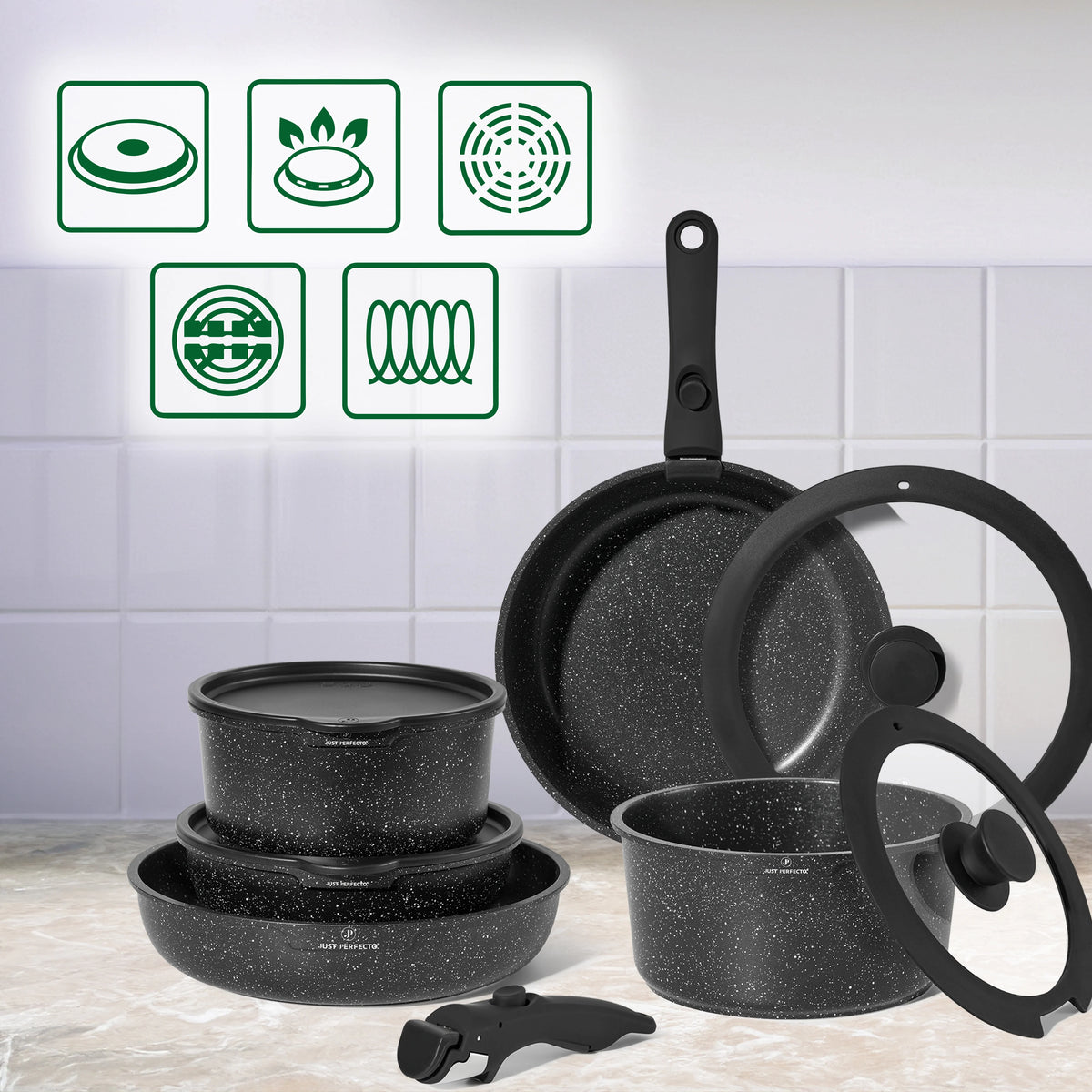 Batterie de cuisine 11 pièces avec poignées amovibles en Granit noir - Tous feux dont induction