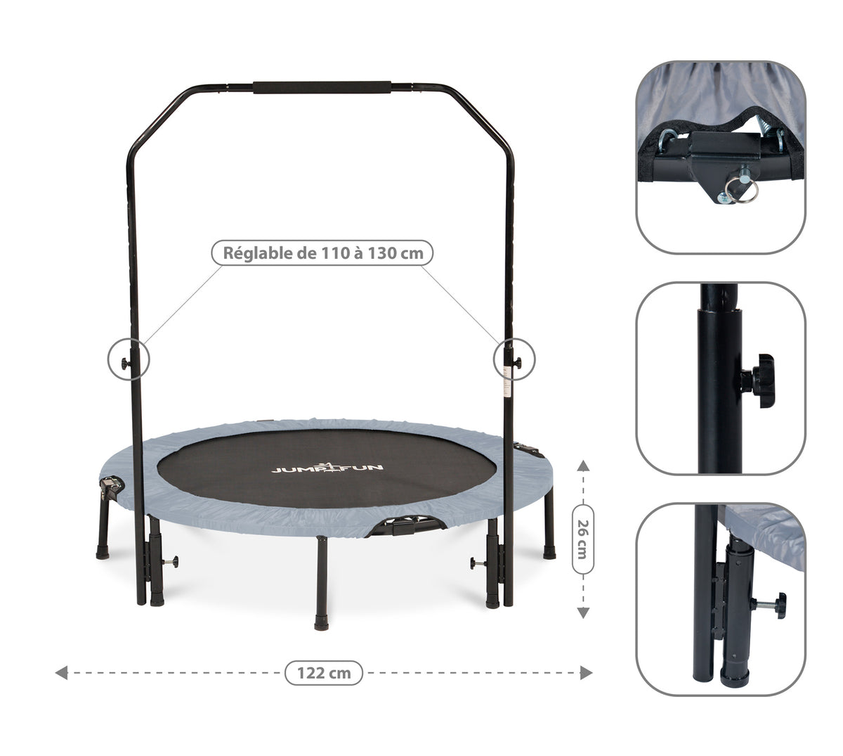 Mini Trampoline Fitness Jump4fun Pliable Door-Bar - 122cm Gris