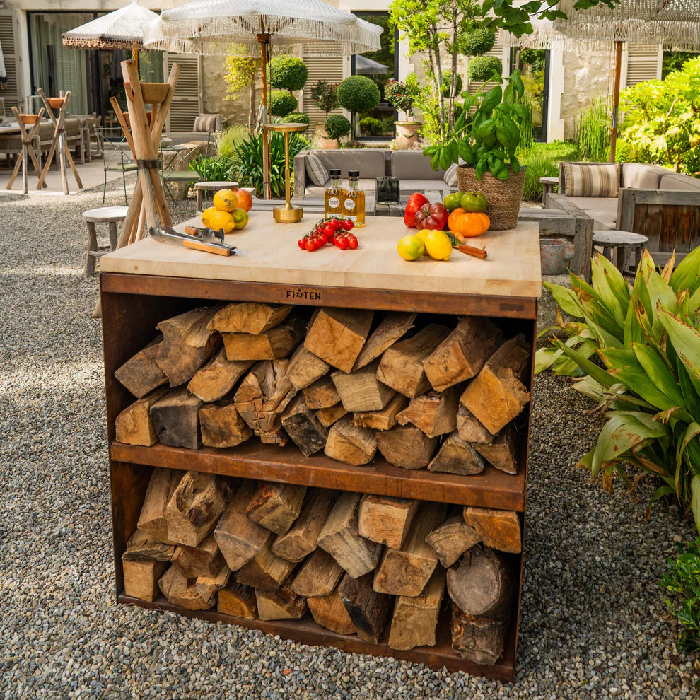 Desserte en acier corten avec planche hêtre 100x65x70 cm