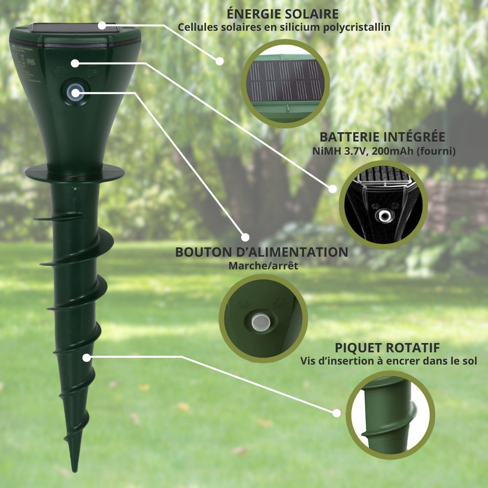 Répulsif taupes solaire étanche avec vibrations et fréquences variables pour jardin