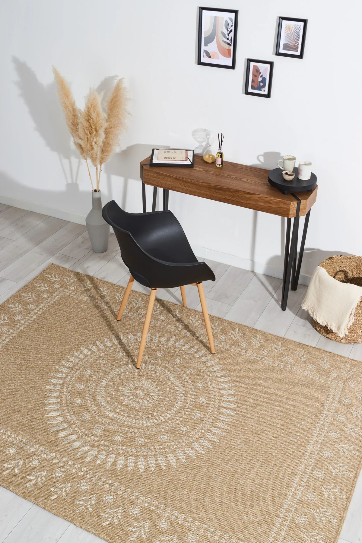 Tapis aspect jute nature motifs orientaux blancs - Nature