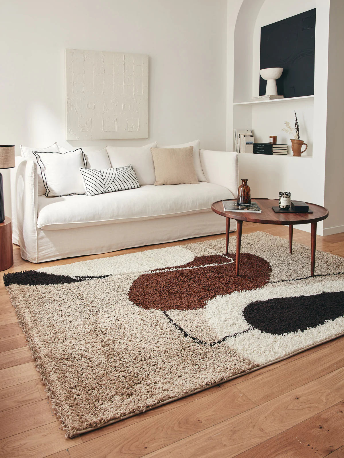 Tapis à poils longs motifs artistiques marron, beige, café et crème - Palerme 80X140 cm