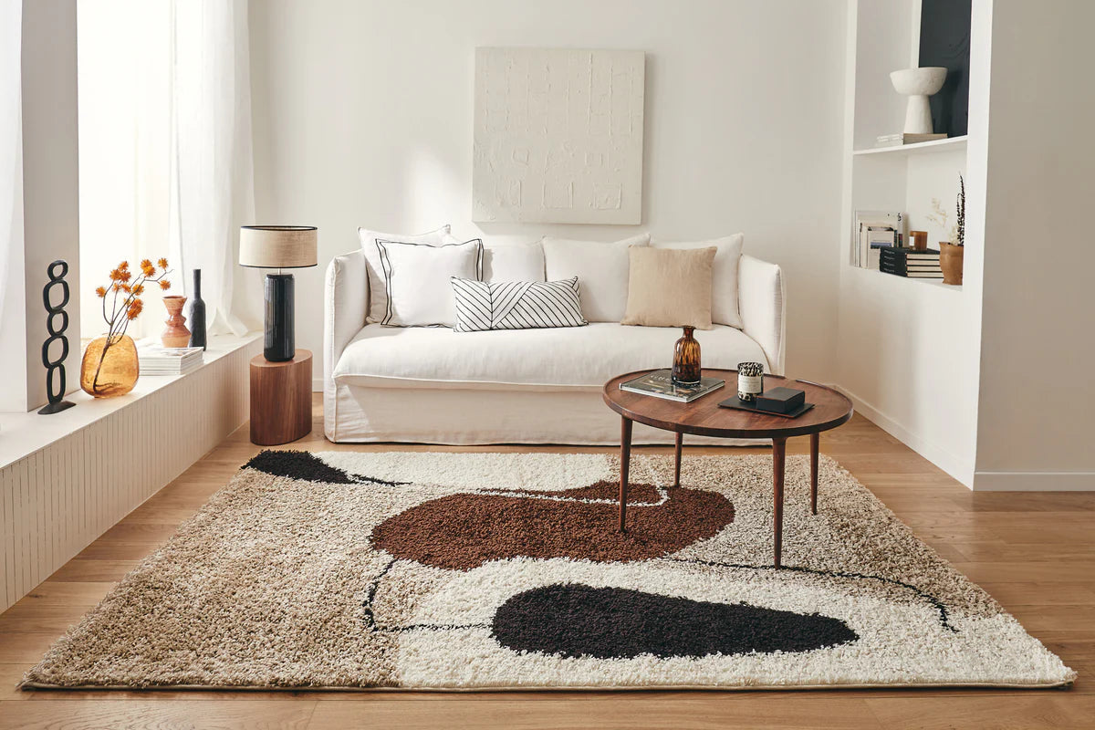 Tapis à poils longs motifs artistiques marron, beige, café et crème - Palerme 80X140 cm