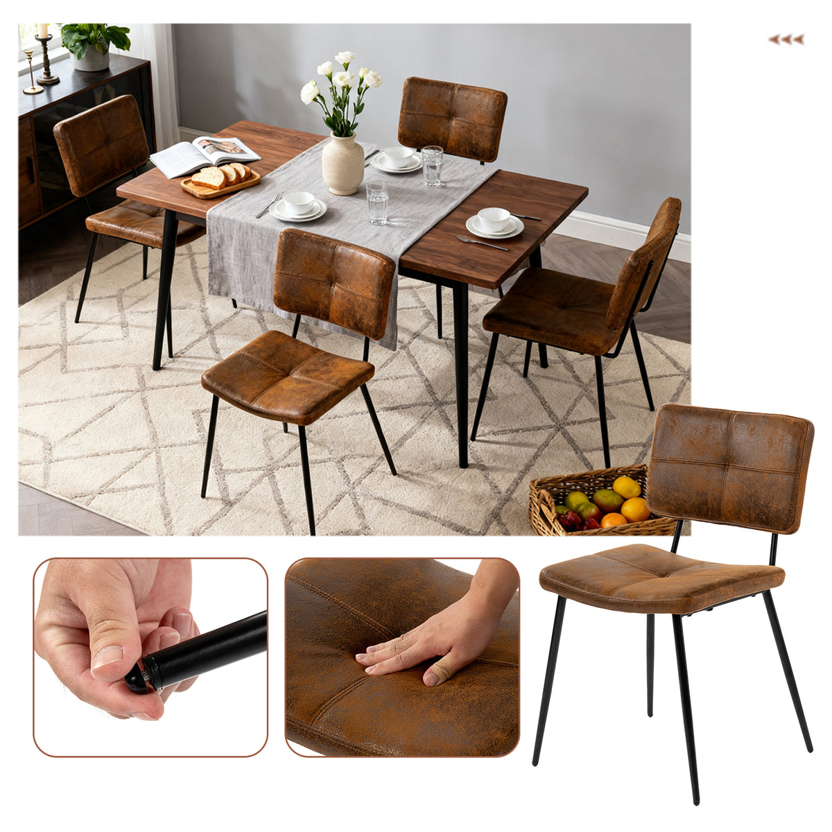 Pomona - Ensemble de 4 chaises de salle à manger industrielles en suédine brune