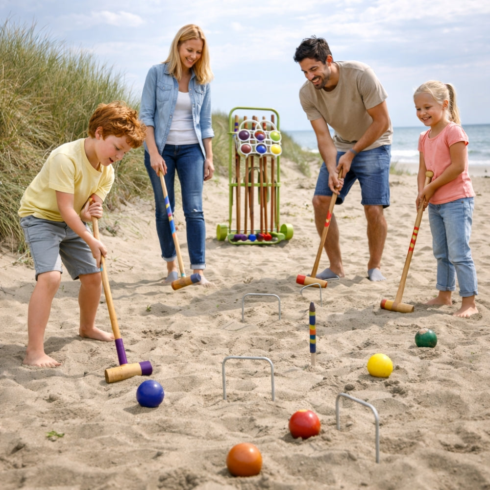 Jeu de Croquet Complet Bois pour 6 Joueurs avec Chariot de Transport Arceaux Maillets et Boules