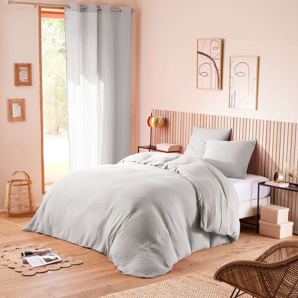 Pack 3 pièces Housse de couette 240x220cm + 2 taies d'oreiller 65X65cm gaze de coton Perle