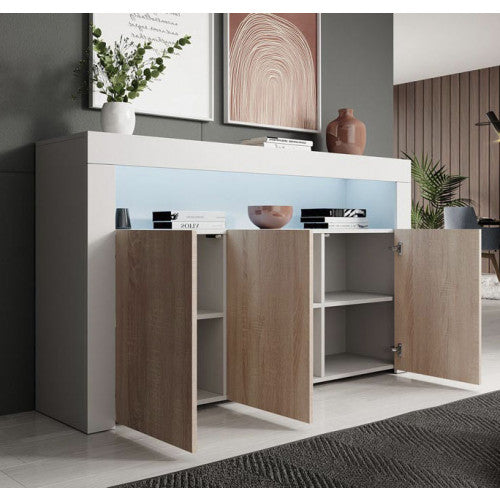 Buffet modèle Aker en blanc et Sonoma mat - 155 x 91 cm