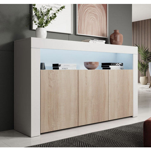 Buffet modèle Aker en blanc et Sonoma mat - 155 x 91 cm