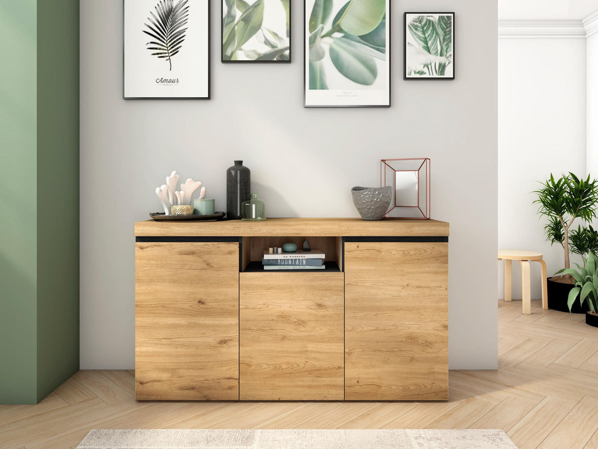 Buffet salon Salle à manger bureau Couleur ''Chêne/Noir'' 3 Portes 1 Compartiment 81x140x40cm, nordique
