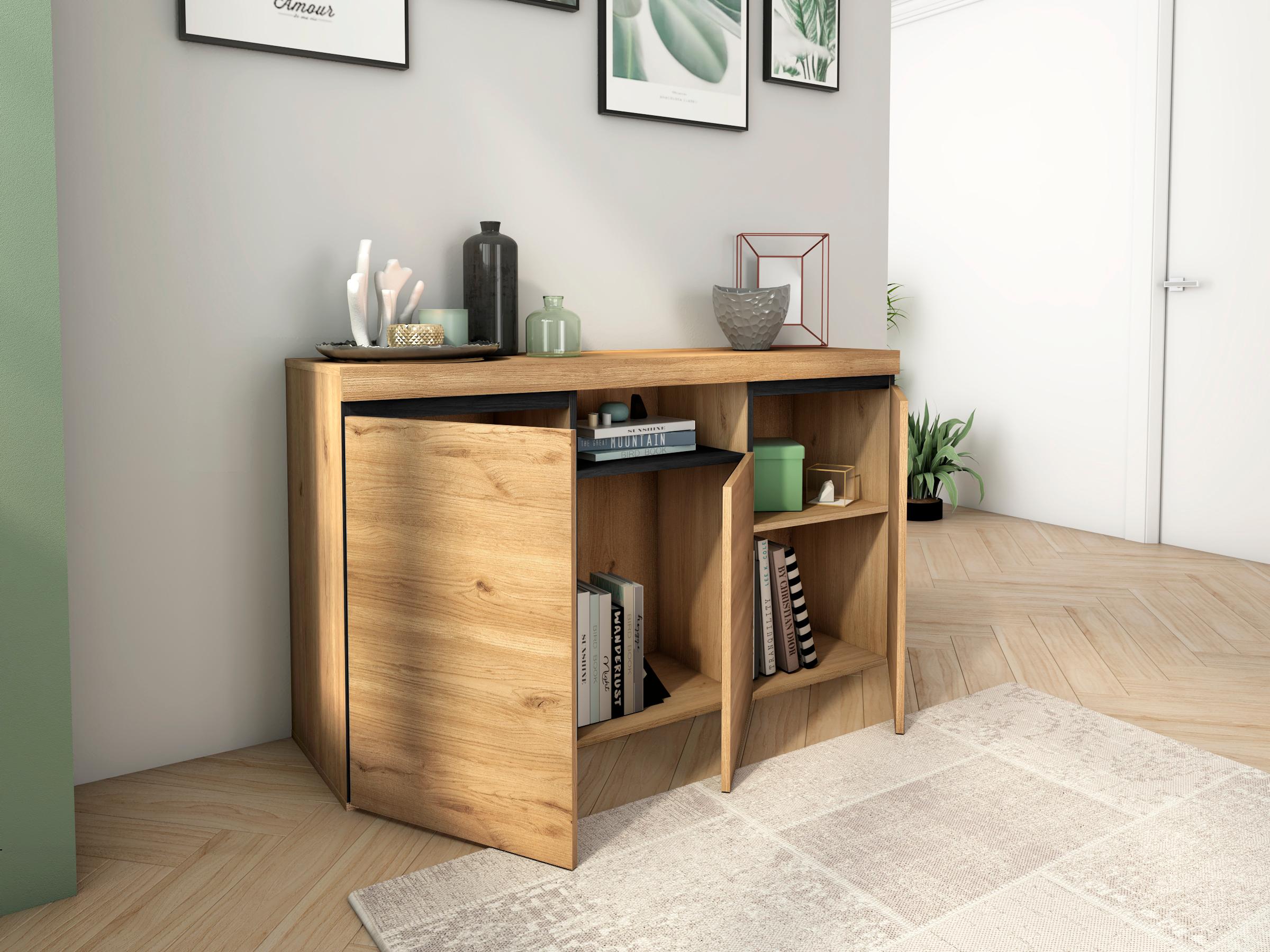 Buffet salon Salle à manger bureau Couleur ''Chêne/Noir'' 3 Portes 1 Compartiment 81x140x40cm, nordique