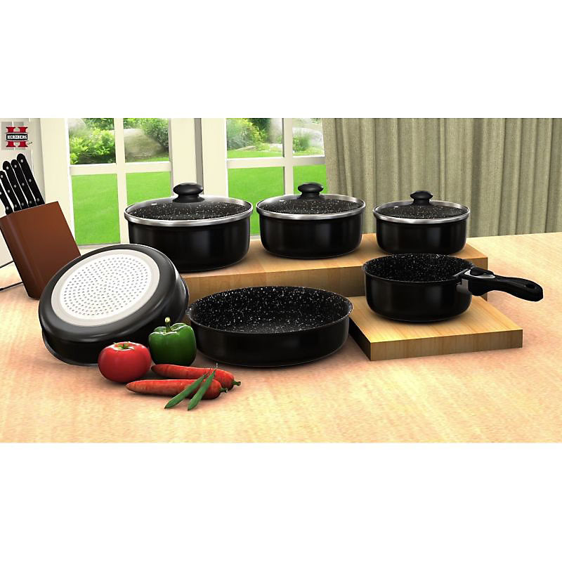 Batterie de cuisine revêtement pierre avec manche amovible 10 pièces Herzberg - Noir