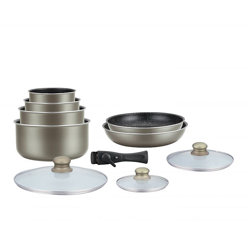 Batterie de cuisine revêtement pierre avec manche amovible 10 pièces Herzberg - Carbone