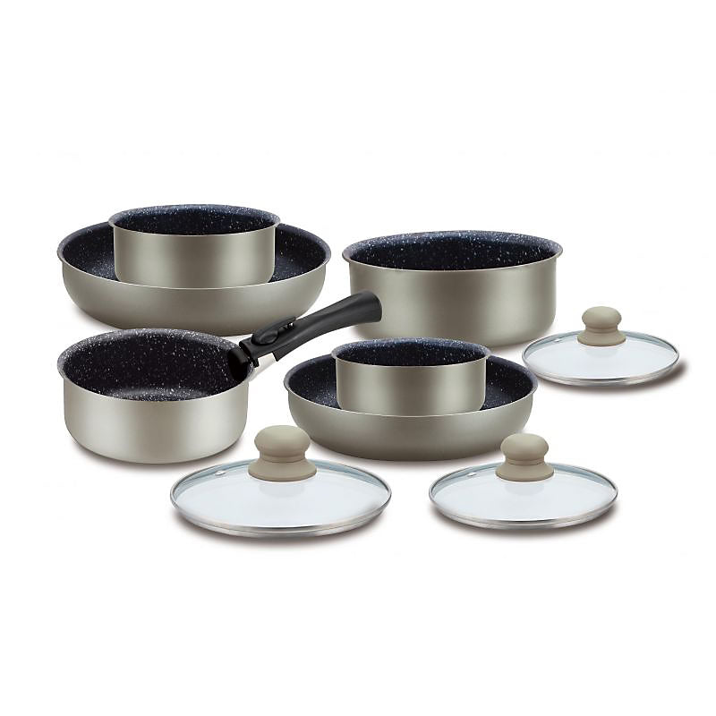 Batterie de cuisine revêtement pierre avec manche amovible 10 pièces Herzberg - Carbone