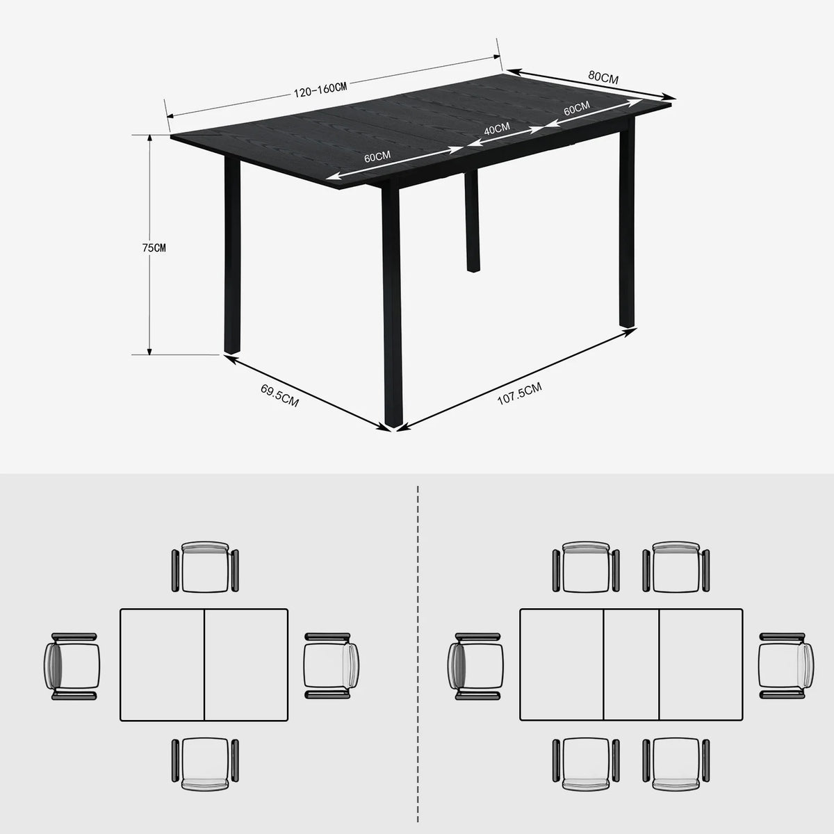 Bari & Karomi - Ensemble repas : table extensible noire 4 à 6 personnes et 4 chaises industrielles en tissu vert
