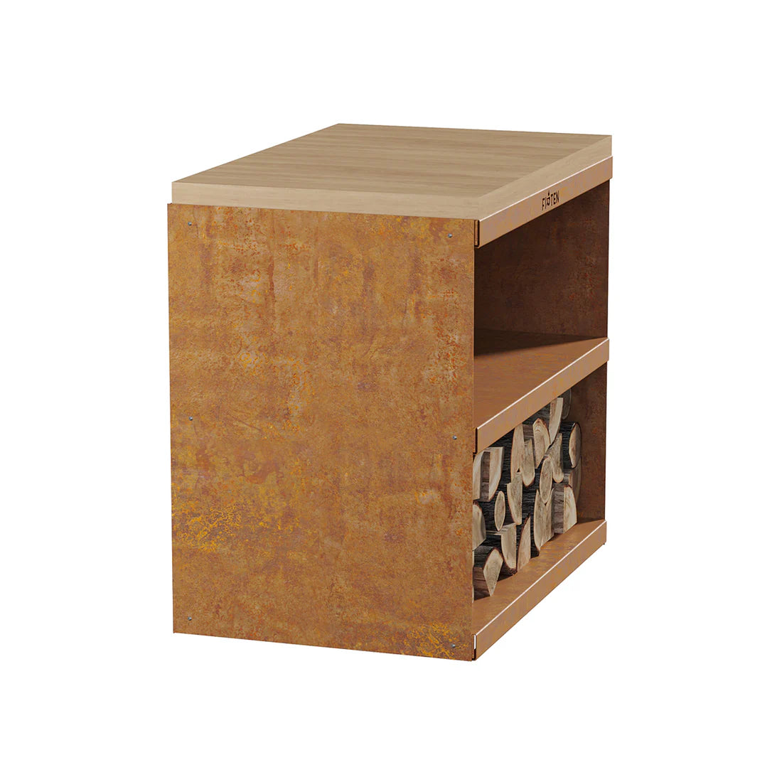 Desserte en acier corten avec planche hêtre 100x65x70 cm