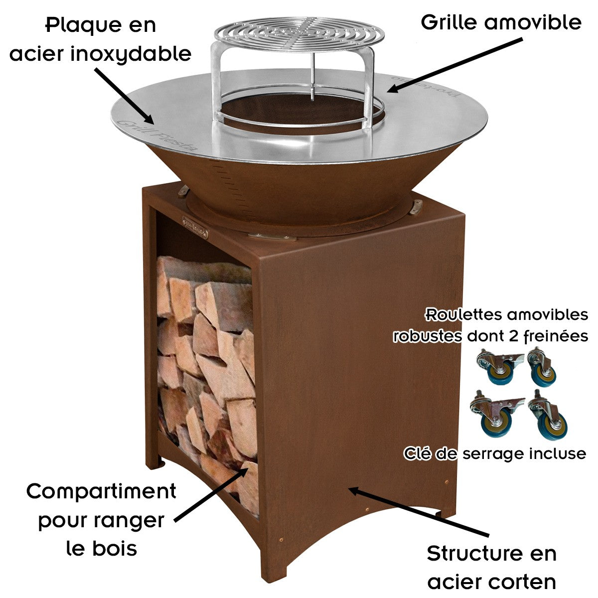 Brasero haut acier corten avec plaque et grille amovible inox barbecue plancha extérieur Ø 75 cm