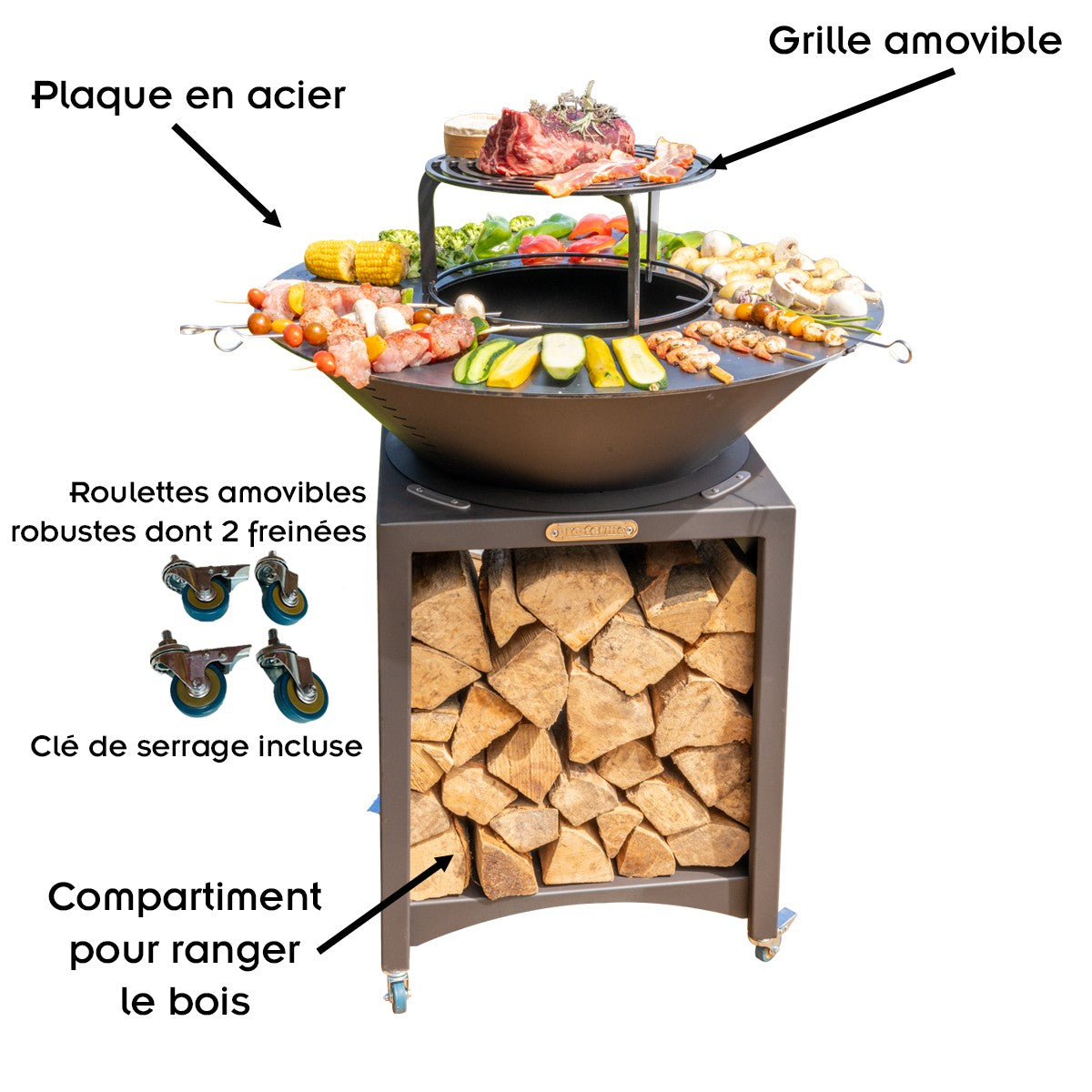 Brasero haut avec plaque et grille amovible en acier barbecue plancha extérieur Ø 100 cm