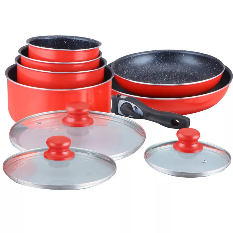 Batterie de cuisine revêtement pierre avec manche amovible 10 pièces Herzberg - Rouge