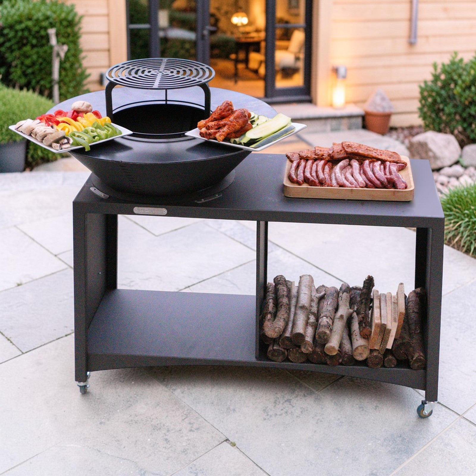 Brasero îlot avec plaque et grille amovible en acier barbecue plancha extérieur Ø 100 cm