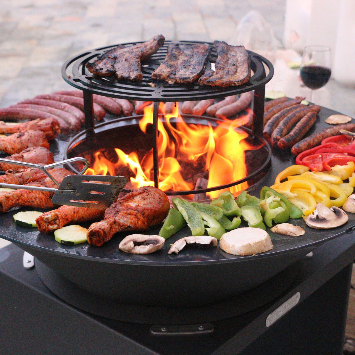 Brasero îlot avec plaque et grille amovible en acier barbecue plancha extérieur Ø 100 cm