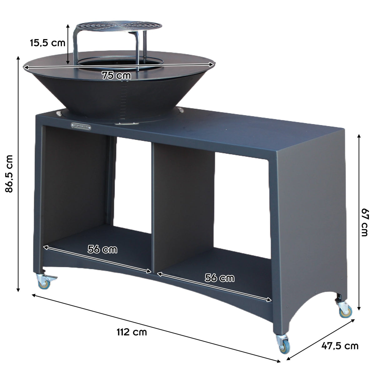 Brasero îlot avec plaque et grille amovible en acier barbecue plancha extérieur Ø 75 cm
