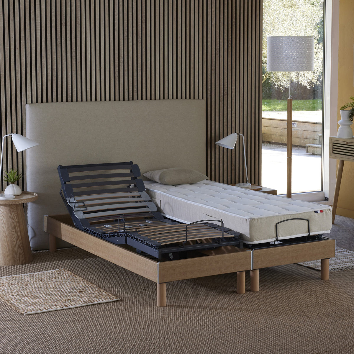 Lot de 2 lits électriques de relaxation multi lattes chêne clair 2x80 x 200