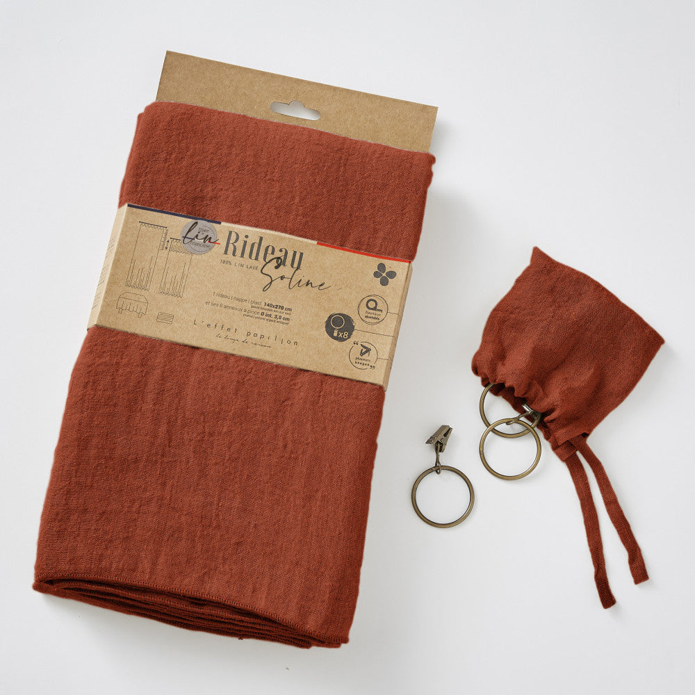 Rideau ajustable + 8 anneaux pince 140 x 270 cm Lin lavé SOLINE Paprika