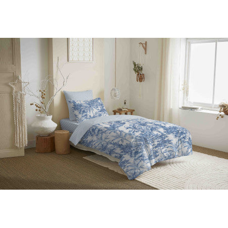 Pack Complet Housse de couette Imprimé 140 x 200 cm - Drap housse 90 x 190 cm - 100% coton / 57 fils/cm² - ADAMA AZUR