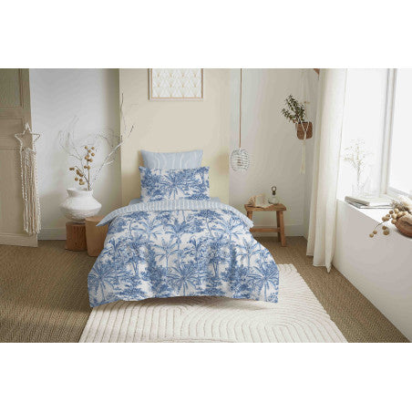 Pack Complet Housse de couette Imprimé 140 x 200 cm - Drap housse 90 x 190 cm - 100% coton / 57 fils/cm² - ADAMA AZUR