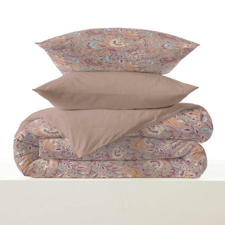 Pack Complet Housse de couette Imprimé 140 x 200 cm - Drap housse 90 x 190 cm - 100% coton / 57 fils/cm² - BERGAME NUDE