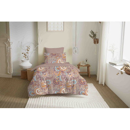 Pack Complet Housse de couette Imprimé 140 x 200 cm - Drap housse 90 x 190 cm - 100% coton / 57 fils/cm² - BERGAME NUDE