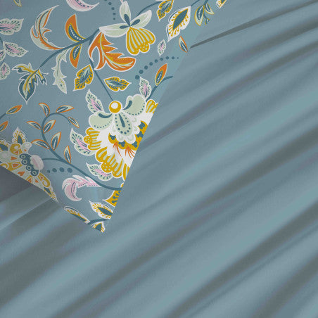 Pack Complet Housse de couette Imprimé 140 x 200 cm - Drap housse 90 x 190 cm - 100% coton / 57 fils/cm² - BERGAME TURQUOISE