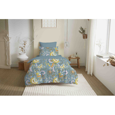 Pack Complet Housse de couette Imprimé 140 x 200 cm - Drap housse 90 x 190 cm - 100% coton / 57 fils/cm² - BERGAME TURQUOISE