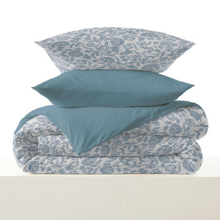 Pack Complet Housse de couette Imprimé 140 x 200 cm - Drap housse 90 x 190 cm - 100% coton / 57 fils/cm² - SALMA BLEU
