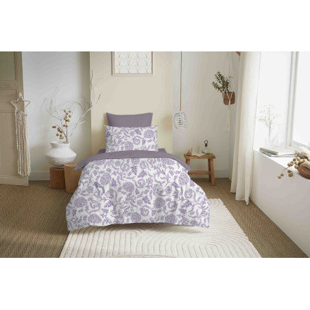 Pack Complet Housse de couette Imprimé 140 x 200 cm - Drap housse 90 x 190 cm - 100% coton / 57 fils/cm² - SALMA LAVANDE