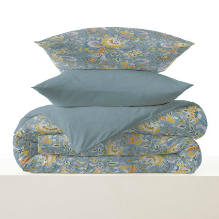 Pack Complet Housse de couette Imprimé 220 x 240 cm - Drap housse 140 x 190 cm - 100% coton / 57 fils/cm² - BERGAME TURQUOISE