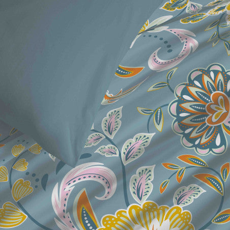 Pack Complet Housse de couette Imprimé 220 x 240 cm - Drap housse 140 x 190 cm - 100% coton / 57 fils/cm² - BERGAME TURQUOISE