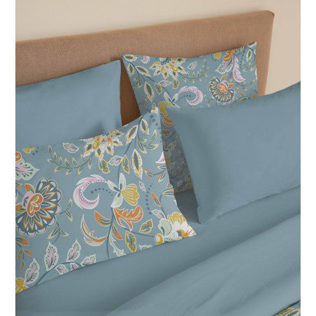 Pack Complet Housse de couette Imprimé 220 x 240 cm - Drap housse 140 x 190 cm - 100% coton / 57 fils/cm² - BERGAME TURQUOISE