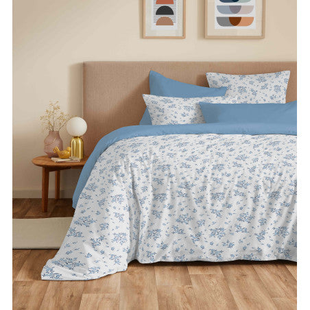 Pack Complet Housse de couette Imprimé 220 x 240 cm - Drap housse 140 x 190 cm - 100% coton / 57 fils/cm²- LOUISE BLEU