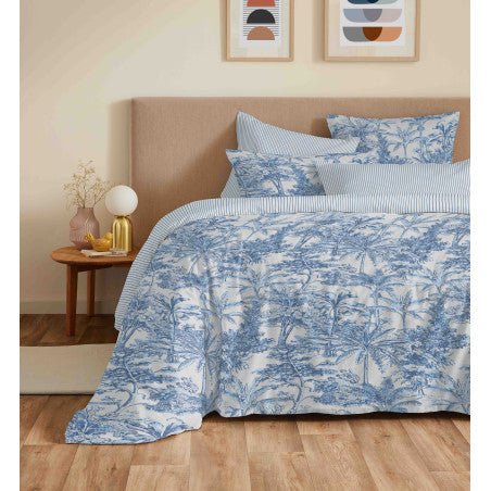 Pack Complet Housse de couette Imprimé 220 x 240 cm - Drap housse 160 x 200 cm - 100% coton / 57 fils/cm²- ADAMA AZUR