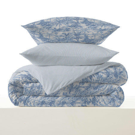 Pack Complet Housse de couette Imprimé 220 x 240 cm - Drap housse 160 x 200 cm - 100% coton / 57 fils/cm²- ADAMA AZUR