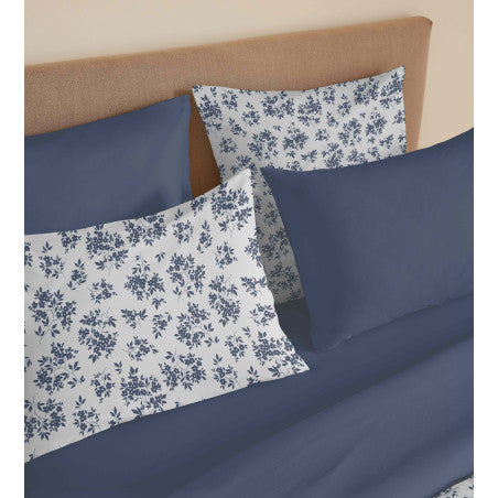 Pack Complet Housse de couette Imprimé 240 x 260 cm - Drap housse 180 x 200 cm King Size - 100% coton / 57 fils/cm²- ELOISE BLEU