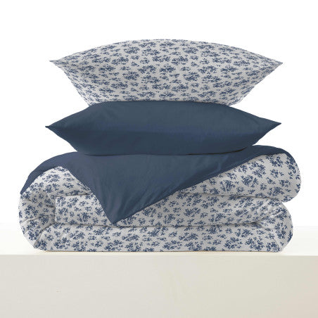 Pack Complet Housse de couette Imprimé 240 x 260 cm - Drap housse 180 x 200 cm King Size - 100% coton / 57 fils/cm²- ELOISE BLEU