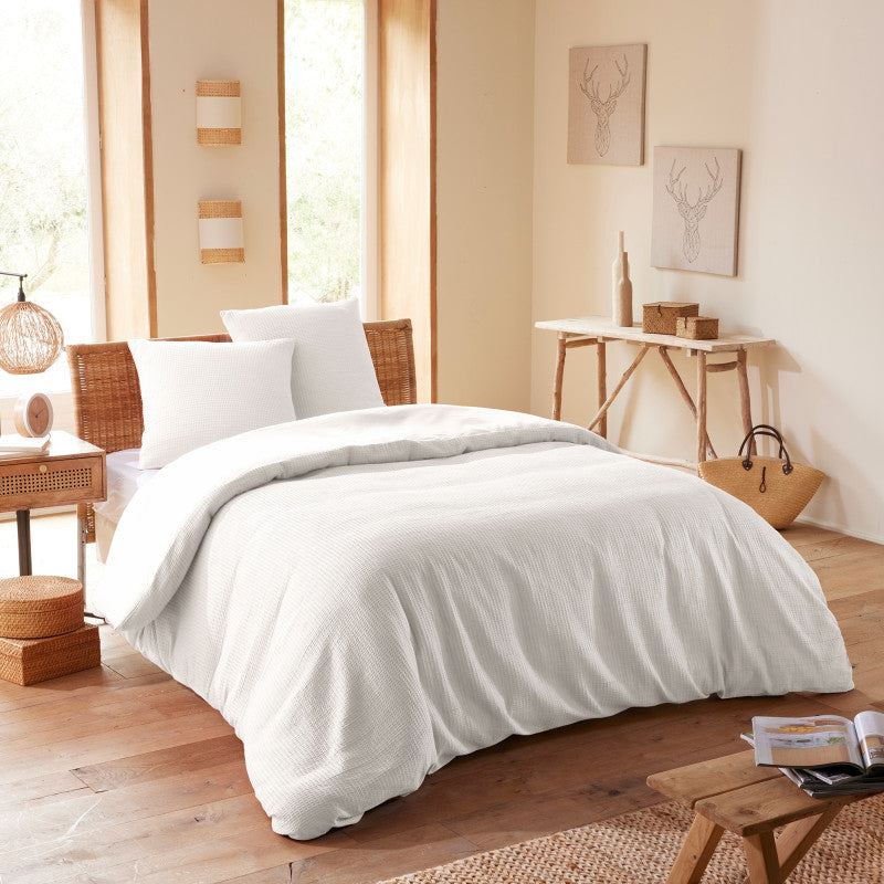 Pack 3 Pièces Housse de couette 240x220cm + 2 taies d'oreiller 65X65cm - nid d'abeille - Neige