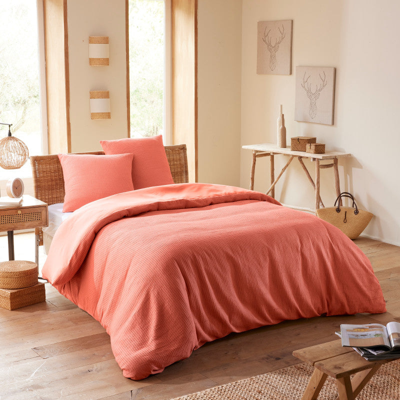 Pack 3 Pièces Housse de couette 260x240cm + 2 taies d'oreiller 65X65cm nid d'abeille - Blush