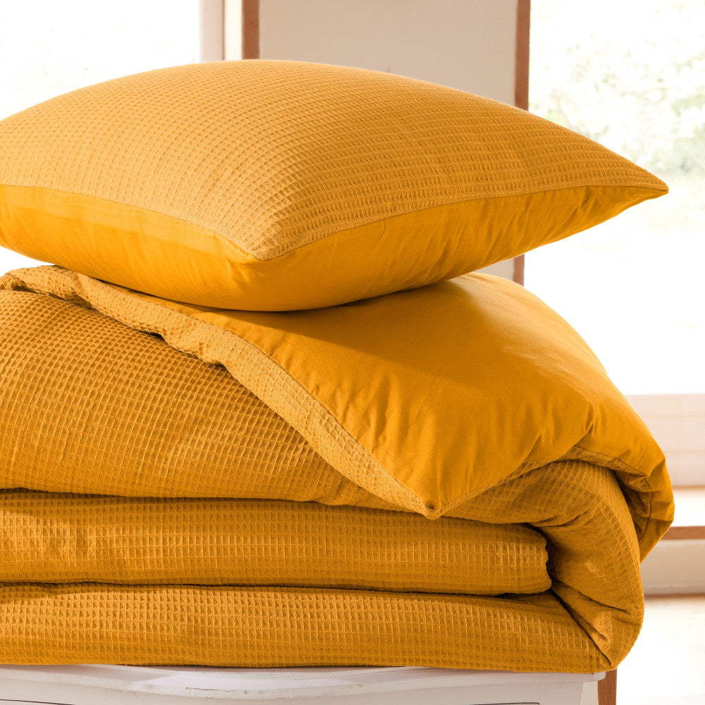 Pack 3 Pièces Housse de couette 260x240cm + 2 taies d'oreiller 65X65cm - nid d'abeille - Curry