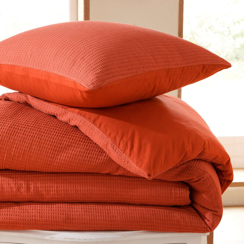 Pack 3 Pièces Housse de couette 260x240cm + 2 taies d'oreiller 65X65cm - nid d'abeille - Terracotta